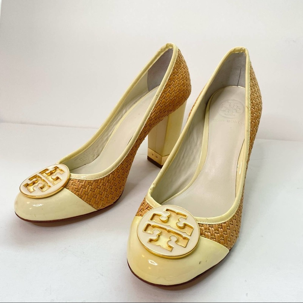 Tory Burch Anna Raffia Logo Woven Patent Leather Pumps Size 8.5 - Picture 4 of 9